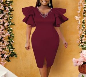 Casual Dresses Elegant Women Plus Size Party Dress Beaded V Neck Ruffle Sleeve Bodycon Burgundy Classy Evening Dinner Birthday Out2788720