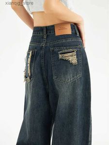 Herren Jeans amerikanischer Retro Blue Blue High Taille Jeans Damen Neue Harajuku Mode lässige lockere, gerade Bein übergroße Cowboyhose L49