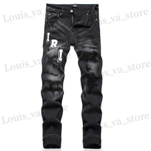 Mäns jeans män rippade lapp broderi svarta jeans tvättade små fot elastiska denim byxor strtwear penna jeans byxor t240411