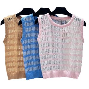 Hollow Jacquard Knit Vest Fashion Striped Embroidered Knitted Tanks Tees Breathable Cool Summer Knitwear Women Knits Tee