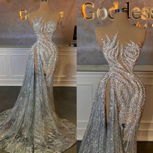 Fabulous Crystal Mermaid Evening Dresses Elegant Strapless Prom Dress Backless Beaded Sweep Train Thigh Split Formal Dresses for Women