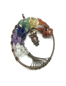Fortune Tree Pendant Jade Agate Crystal Crushed Stone Tree of Life Owl Colorful Leather Cord Necklace3325632