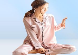 Novo design Winter Women Women Silk Pijamas Conjunto feminino de mangas compridas Terno de pm -wea