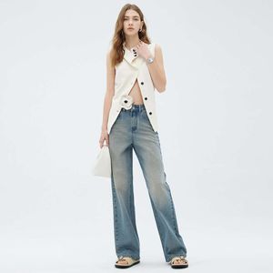 High-End Counter Denim Pants for Womens 2024 Spring New High Maist Losk Fit Slant Wide Ben Pants