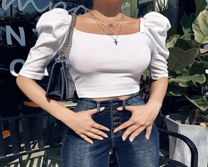 Рис -вязаная квадратная шея с половиной рубашки Женская одежда весна 2020 винтажные сексуальные топы