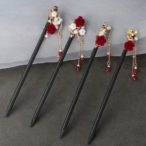 Red Rose Flower Hairpins Hair Sticks Vintage Wood Chinese Hair Stick Pins For Women Hair Ornaments Jewelry Accessories ML