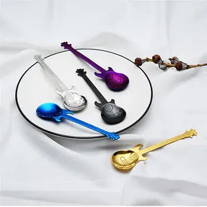 Coffee Scoops 4pcs Stainless Steel Long Guitar Spoon Set For Tea Dessert Ice Cream Gold Silver Colorful Kitchen Drinking Tools