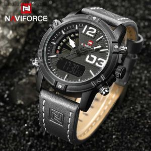 腕時計NAVIFORCE MENS LEDデジタルウォッチミリタリースポーツレザーバンドクォーツタイミング防水グローメンズウォッチ