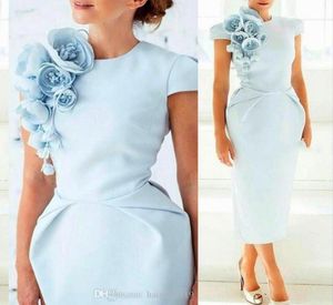 2020 Cheap Simple Light Sky Blue Evening Dresses Flowers Cap Sleeves Tea Length Sheath Plus Size Prom Party Mother Cocktail Gowns 8493520