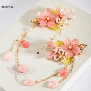 Hair Clips Pink Flower Hairpins Side Fringe Jewelry Vintage Chinese Hairclips For Women U Shaped Sticks Forks Ornaments