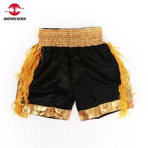 Muay Thai Shorts Tassels Gold Boxing Shorts Mens Womens Kids Satin MMA Pants Gym Sports Match Fight Kickboxing Training Clothing