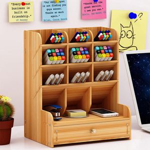 Creative Wood Pen Holder Office Desk Pen Organizer Stationery Storage Box Makeup Display Stand Home Office Storage Accessories