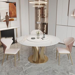 Bright White Round Dining Table Turntable Modern Minimalist Italian Light Luxury High-end Marble Stone Design Muebles Furniture