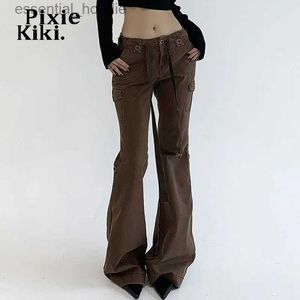 الجينز النسائي Pixiekiki Low Rise Flare الجينز المرأة الجرونج Y2K سراويل البضائع 90s رجعية سراويل سراويل الدنيم البني الأسود شارع P67-FZ30 C240411