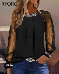 Koszule bluzek damskich 2023 Kobiety brokatowy dekoracja krążkowa okrągła szyja przyczynowa czarna bluzka Top 240411