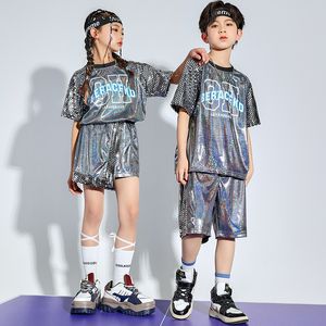 Kids Kpop Outfits Hip Hop Clothing Grey Sequined T Shirt Casual Street Summer Shorts for Girl Boy Jazz Dance Costume Clothes
