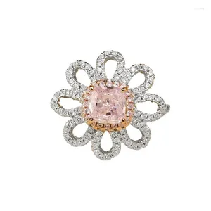 Ringos de cluster S925 Silver Ring Pink Diamond 6 Flower Women's Rose Petals Moda versátil diariamente