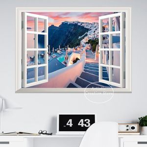 Effetto finestra 3d Visualizza la chiesa santorini in Grecia Poster paesaggio Poster tela Immagini artistiche da parete per soggiorno Decorazioni per la casa regali