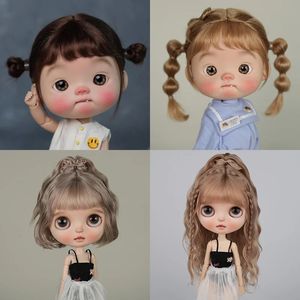 bjd wig big head dot blyth wig soft mohair bangs braid wig half ponytail short hair long wavy hairfit 9-10インチヘッド240328