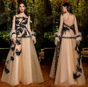 2024 Eleganckie sukienki wieczorowe długie rękawy koronkowe aplikacje Pióro suknie balowe