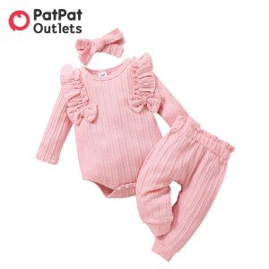 Spodnie Patpat 3PCS Nowonarodzone ubrania dziewczynki Jumpsuits Nowe dzieci przedmioty Kostium różowy teksturowany kokard romper i spodnie