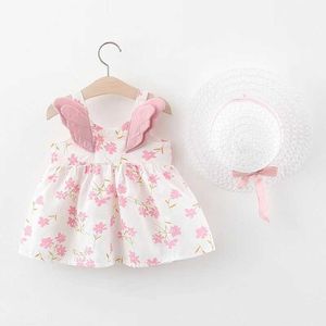 Flickas klänningar sommar ny klänning flickor ins barn tecknad vingar liten blommig slip klänning söt prinsessa klänning med hatt barndukar