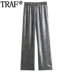 Traf Woman Trousers Mid Rise Foil Baggy Pants Women Autumn Casual Right Leg Pleated Silver Wide 240411