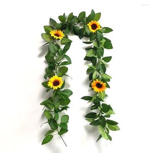 Decorative Flowers 180CM Artificial Sunflower Garland Yellow Flower With Greenery Leaves Vines Indoor Outdoor Wall Hanging Faux Rose Leave