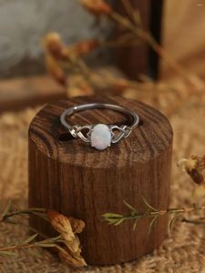 Cluster Rings Pure 925 Silver Women's Ring Carved With 4 Symmetrical Heart Shape Pattern And Inlaid Oval Opal Sweet Style