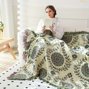 1pc Cotton Multi-layer Gauze Throw with Tassel Flower Leaf Pattern Sofa Air Conditioning Blanket Summer Cooling Quilt Towel Double-sided Available