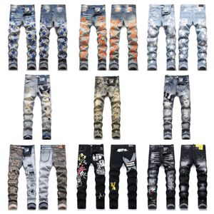 Herrdesigners Miris Jeans nödställda rippade cyklisten Slim Straight Denim för Men s Print Womens Army Fashion Mans mager Pants29-40