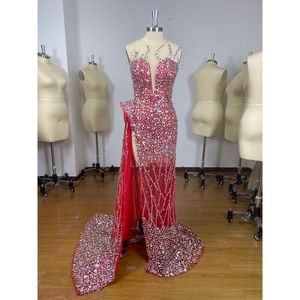 Sjöjungfrun prom mode stropplös V-djup paljetter handpärlad hög delad fest klänning personlig kvällsklänning elegant