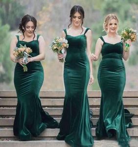 Hunter Green Mermaid Bridesmaid Dresses 2018 Velvet Spaghetti Back dragkedja golvlängd anpassade formella klänningar för bröllop Simple7051522