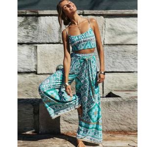 TEELYNN Wideleg Pants and Crop Top Suit Beach Bohemia Cotton Womens Summer Two Pieces Set Ladies Boho Floral Suits Casual 240402