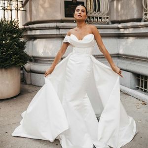 Sexy Long Satin 2 and 1 Wedding Dresses With Detachable Train Mermaid V-Neck Pleated Modern Vestido De Noiva Sweep Train Bridal Gowns for Women