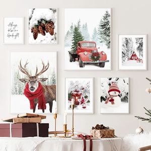 Winter Snow Scenery Picture Canvas Painting Wall Art Elk Pine Wood Snowman Poster and Print for Modern Home Christmas Decor
