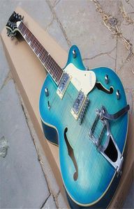 Jazz Semihollow Double F Hole Light Blue Electric Guitar HH PickupsBigby Bridge and Chrome HardwaresSpecial FretRosewood Fretb7356807