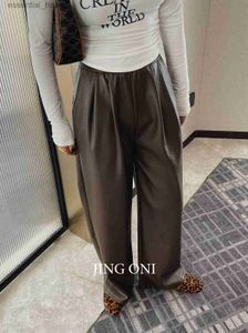 Kvinnor Pants Capris Leather Pants Y2K Womens Clothing 2023 Autumn Korean Fashion Retro High Elastic Midje Cargo Handcart Bag Wide Leg Fashion C240411