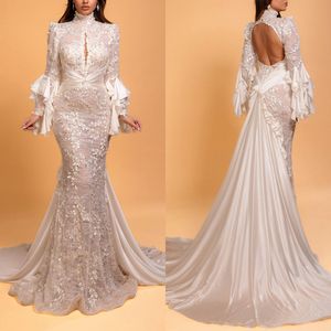 Fashion Mermaid Wedding Dresses For Women Hollow Long Sleeves Bridal Gown Sequins Lace Sweep Train Dress Custom Made vestidos de novia