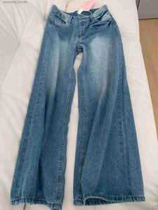 Women's Jeans Korean womens retro plaid denim jeans new lazy and loose high waisted washed wide leg floor pants C240411