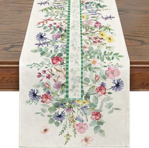 Summer Floral Green Leaves Linen Table Runner Holiday Party Decorations Kitchen Table Decorations Washable Table Runner