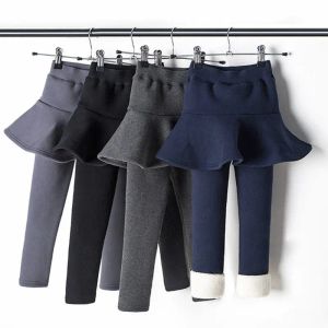 Trousers Girls Lined Leggings with Ruffle Skirt Winter Kids Cotton Culottes Fleece Baby Elastic Warm Fake Two Pieces Pants Children