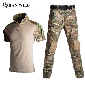 Pants Outdoor Sport Men Tactical Hunting suit Military Hiking Tee Suit Special Army Cotton Quick Dry TShirt + Cargo Pants Knee Pads