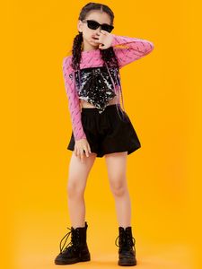 Mädchen Jazz Tanz Kostüme Schwarz Pailletten Vest Kpop Outfits Cheerleader Kostüme Hip Hop Tanz Bühne Performance Kleidung DQS8176