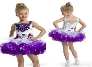 2019 Özel Glitz Cupcake Girl Pageant Elbiseler Toddler Spagetti Boyun Boncuklu Kristal Mor ve Beyaz ile Beyaz