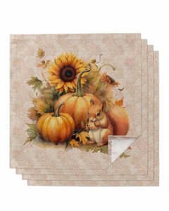 Autumn Pumpkin Squirrel Sunflower Table Napkins Cloth Set Handkerchief Wedding Party Placemat Holiday Banquet Tea Napkins