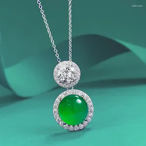 Kedjor S925 Silver inlagd jade kejsare grön runda ägg ansikte hänge med chalcedony vintage halsband