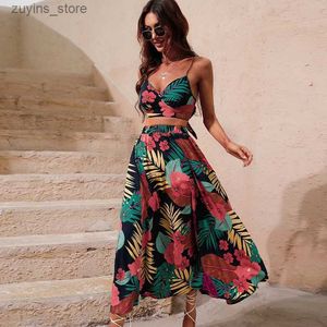 Basic Casual Dresses Y2K Bikini Crop Tops Long Dress Sexy Set for Women Summer Fashion Two Pieces Skirt Beach Style Floral Print Midi Sexy Boho Sets L49