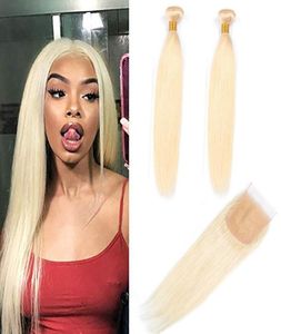 Brazilian Virgin Hair Extensions 613 Blonde Straight Human Hair Blonde 613 Farbe 2 Bündel mit 4x4 Spitzenverschluss mittlere drei Fre1141830