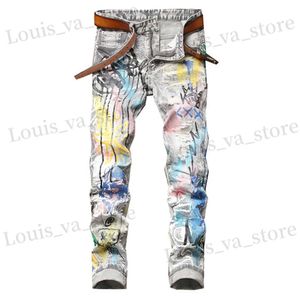 Herren Jeans Herrenfarben gestrichene gedruckte Jeans Mode Y2K Ripped Stretch Jeanshose Schlanke gerade Hose T240411